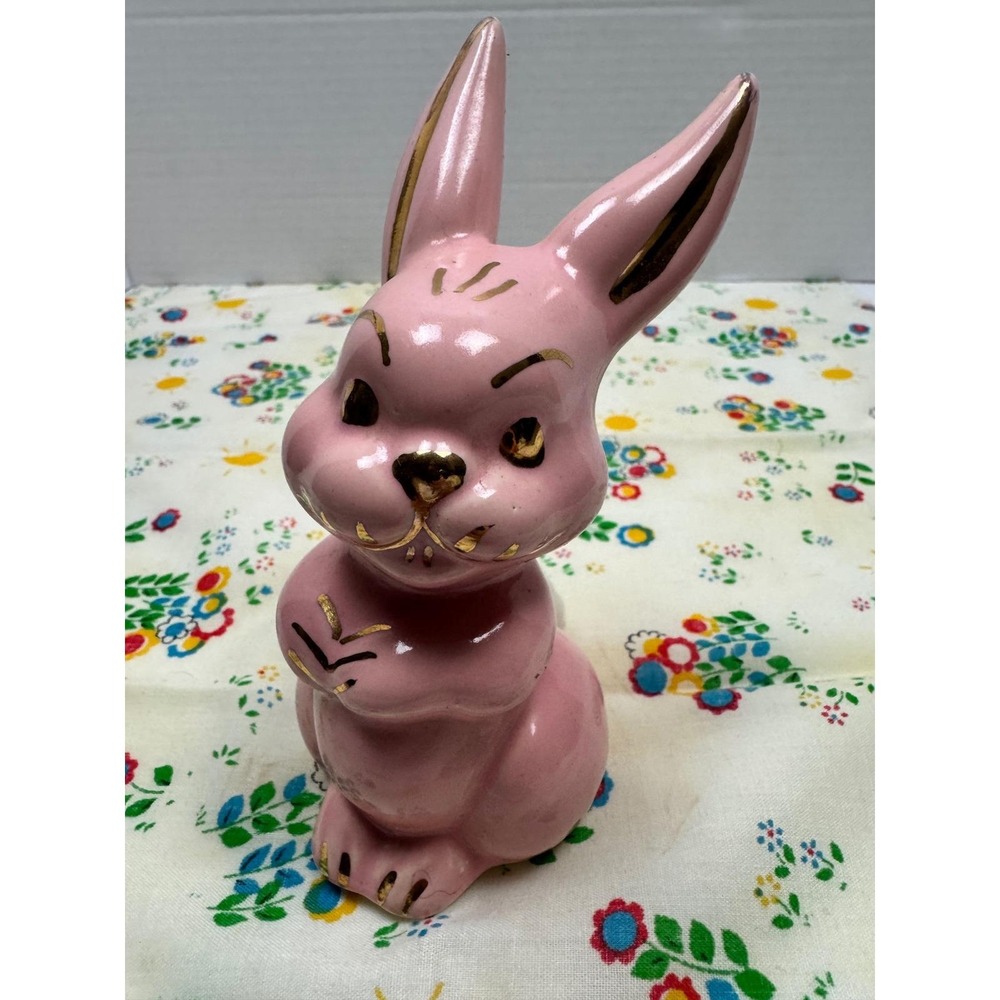 Vintage 1948 Pink Ceramic Bunny Figurine Gold Gilt Accents Cotton Ball Dispenser